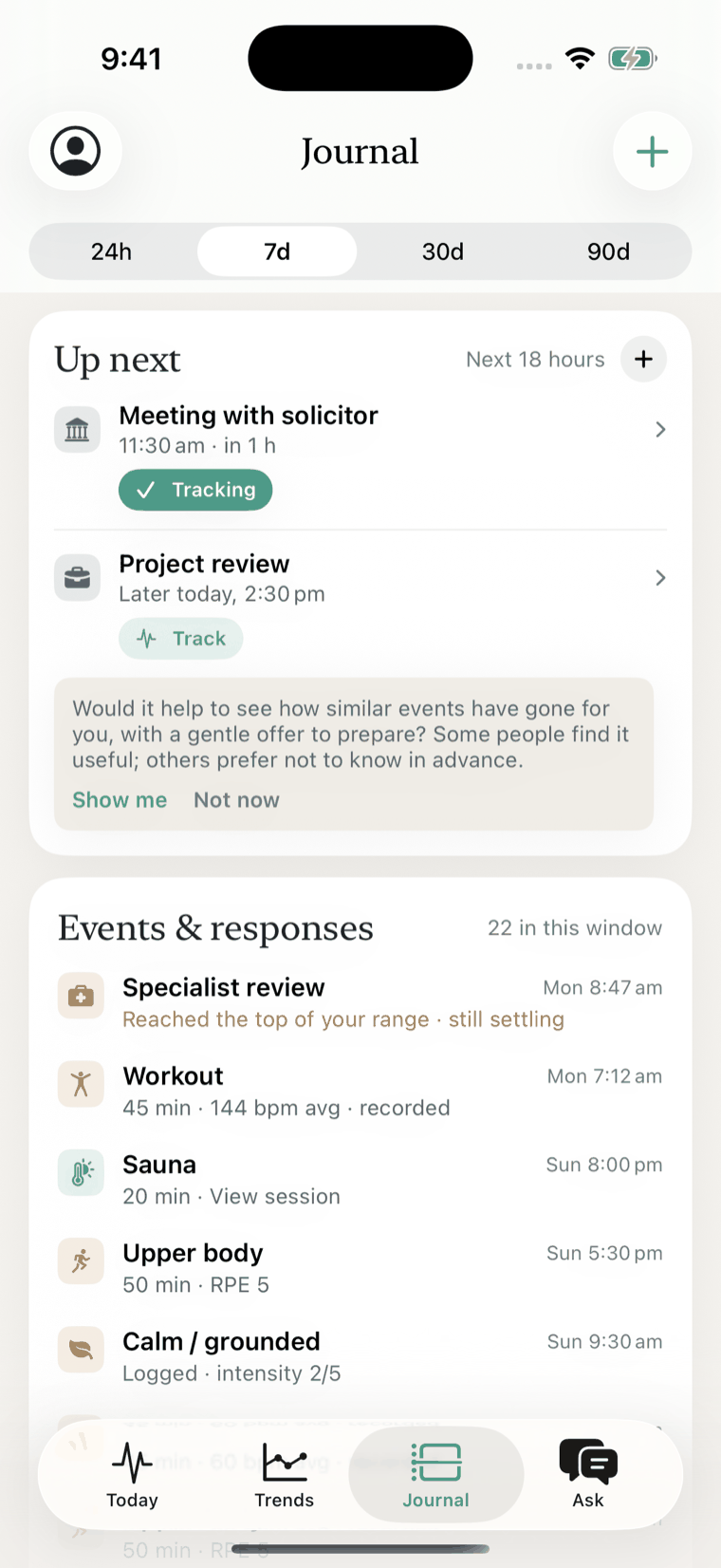 The Brin journal: what is coming up next, then recorded events and the responses measured around them.